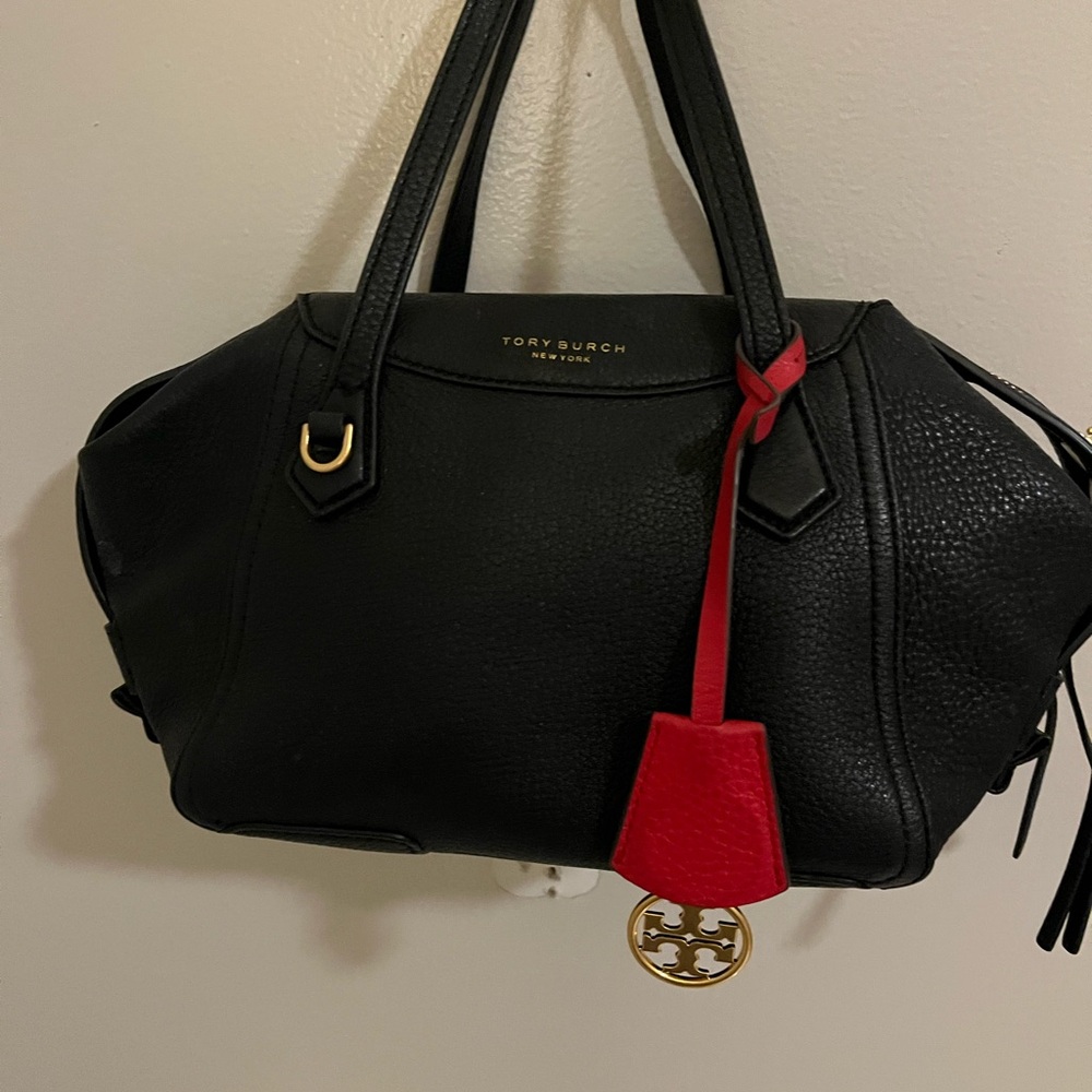Tory Burch Black Leather Satchel with Red Charm